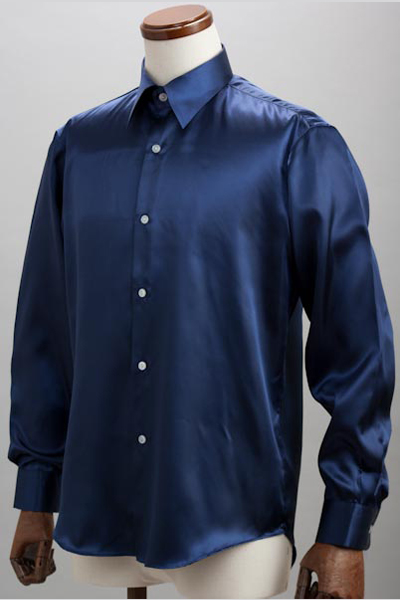 サテンシャツネイビーブルー・全37色カラーシャツ【通販、販売、メンズ、ステージ衣装、上野屋シャツ店】