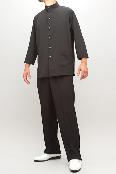 ダンス衣装 男性 マオカラーシャツ パンツセット 楊柳 七分袖 ブラック 通販 販売 メンズ ステージ衣装 上野屋シャツ店