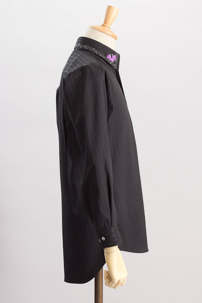 衿刺繍【バラ柄】ストライプシャツ #736 黒シャツ×薄紫薔薇【通販 